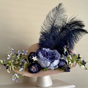 Derby/church Hat with Navy Floral & Feather Trim